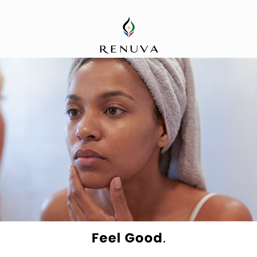 A woman with a light grey towel wrapped around her head looks into a mirror, touching her chin. The brand name RENUVA appears at the top.