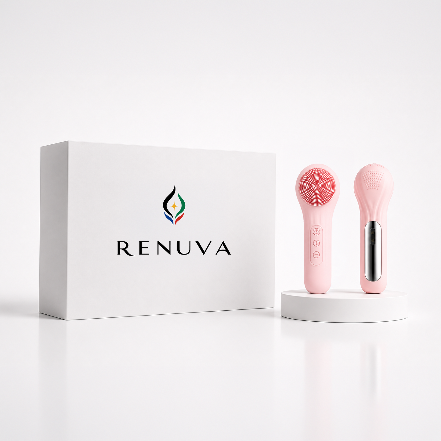 A pink handheld beauty device shown next to its white RENUVA box on a clean white studio background. The device has a rounded rectangular head with a textured pink scrubber on one side and a metallic silver panel on the other, standing on a small white pedestal.