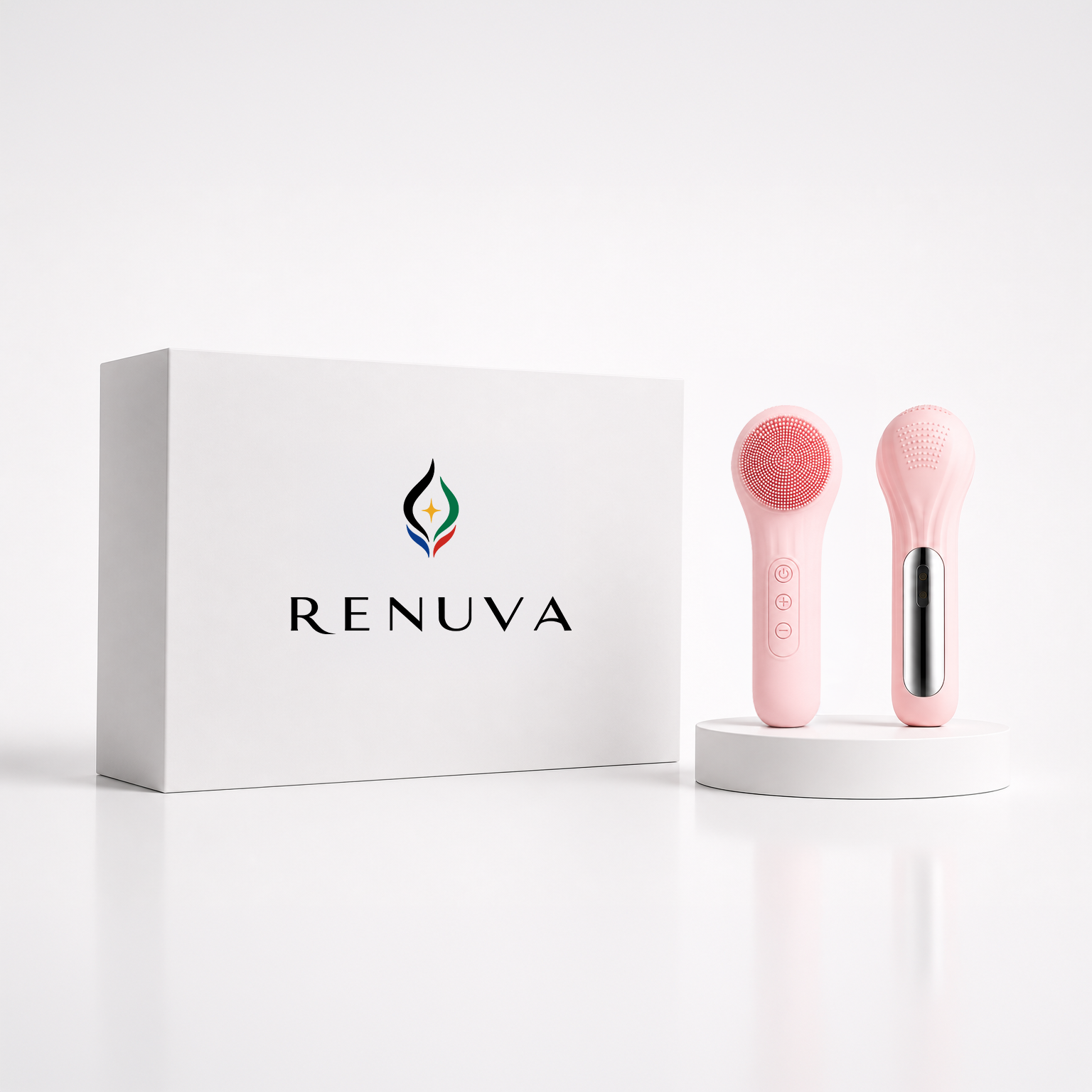A pink handheld beauty device shown next to its white RENUVA box on a clean white studio background. The device has a rounded rectangular head with a textured pink scrubber on one side and a metallic silver panel on the other, standing on a small white pedestal.