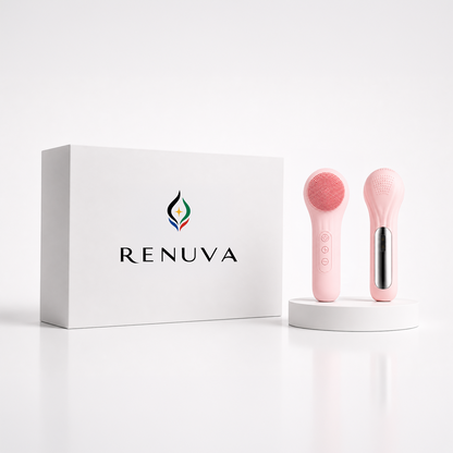 A pink handheld beauty device shown next to its white RENUVA box on a clean white studio background. The device has a rounded rectangular head with a textured pink scrubber on one side and a metallic silver panel on the other, standing on a small white pedestal.