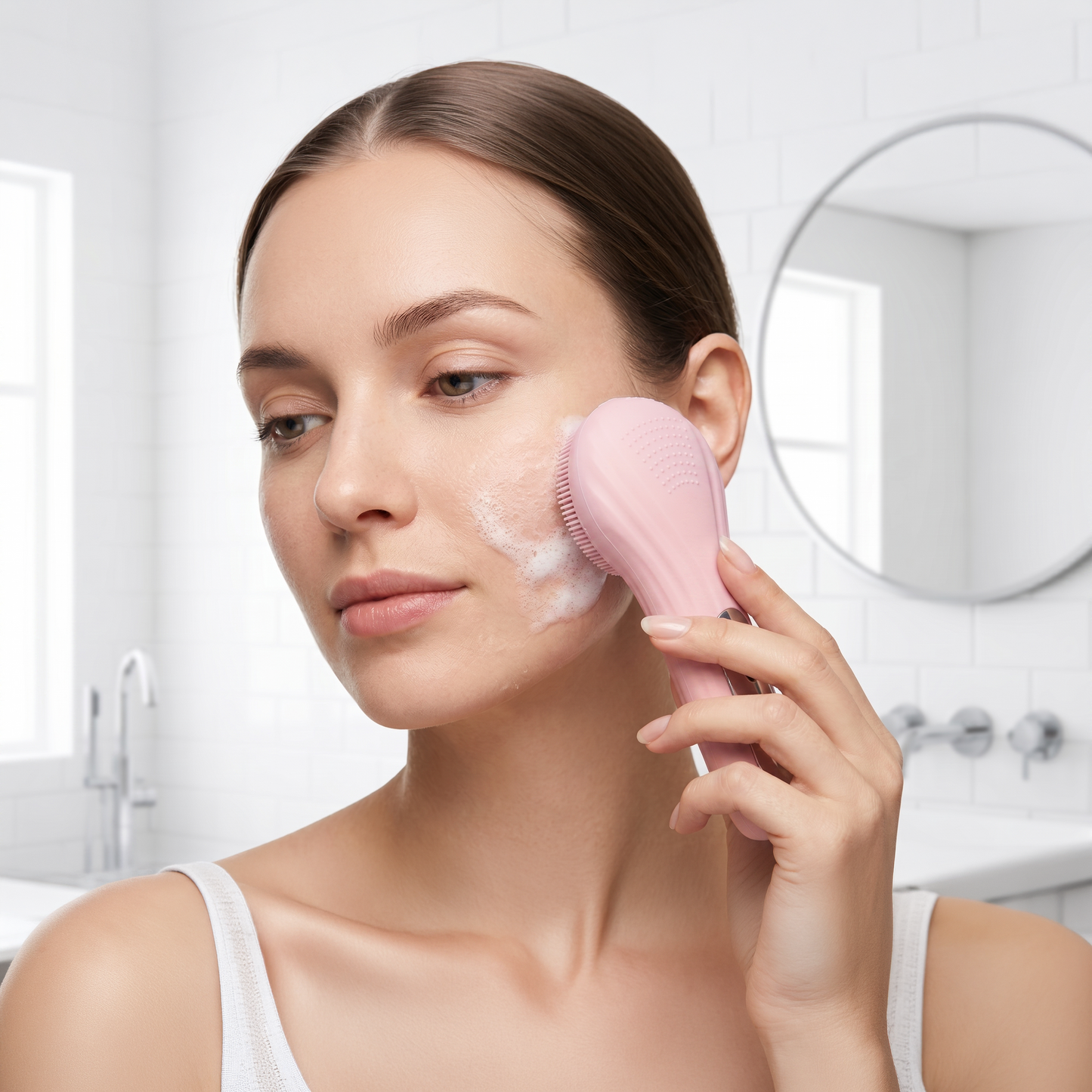 woman using renuva radiance cleansing brush